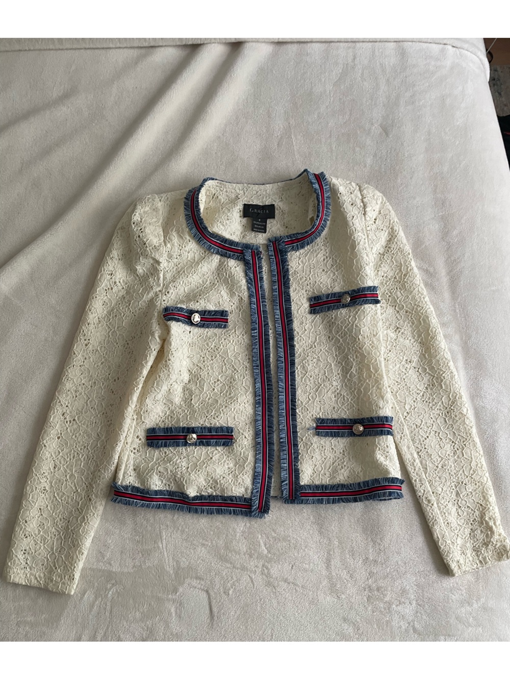 Gracia Cream Lace Tweed Jacket with Navy & Red Trim